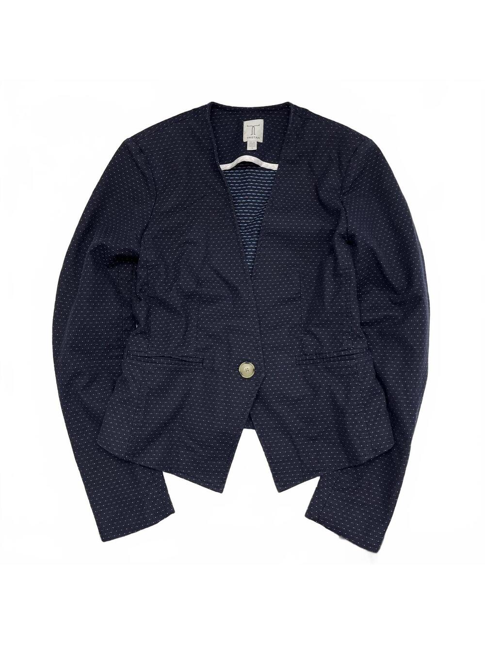 Vintage Tristan Canada Made Navy & Blue Polka Dot Cropped Blazer Single Button 1